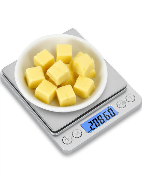 Grab-And-Go Pocket Size Digital Scale 500G 0.01G Precision with bowl of butter cubes on stainless steel platform