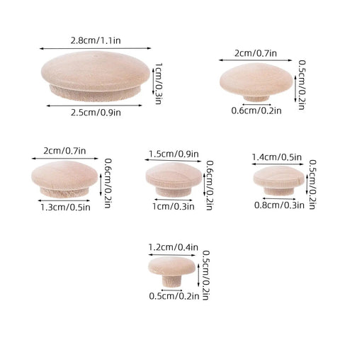 Wood Plug Screw Hole Covers Set 160 Pcs for Furniture and Beds showing various sizes of mushroom head hardwood stoppers.
