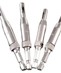Front view of four silver HSS self-centering hinge-tapper core drill bits with 1/4 inch quick-change hex shanks.