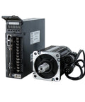 Front view of servo motor with drive controller; black motor with silver flange, protruding shaft, and attached cables.