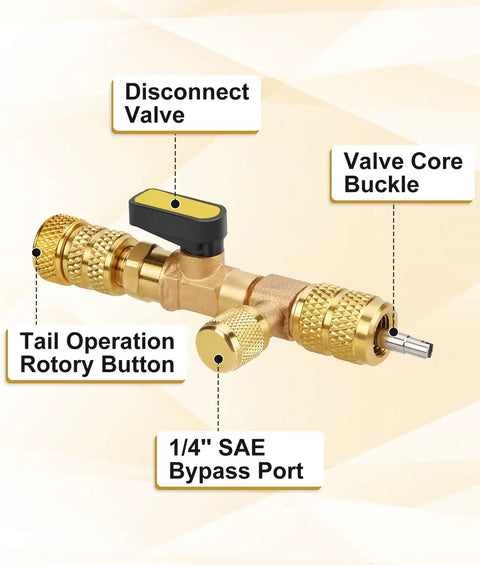 HVAC Valve Core Removal Tool Kit For Home Refrigeration, Includes 10 Valve Cores, 5 Brass Nuts, And 2 Brass Adapters For R410 R32 R22 R12 R407 R404 R600 Systems, Dual SAE 1/4 And 5/16 Ports, Great DIY Tinkering Upgrade, brass valve with 1/4 SAE bypass port