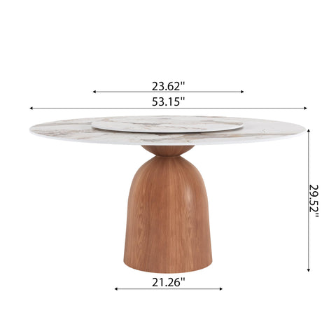 53 Inch Round Dining Table With Smooth Rotating Lazy Susan And Solid Hourglass Base Delivers A Clean Marble Look Top crafted for relaxed weekend hangouts, showing measurements.