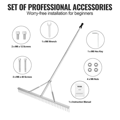 Heavy Duty Landscape Rake For Land And Water with accessories; aluminum rake, wrench, screws, hex key, nuts; for lawn care