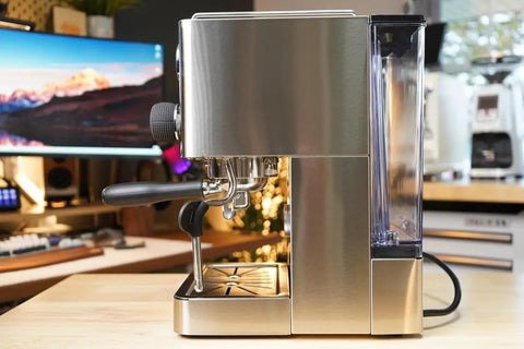 Side view of Top Tier Dual Boiler Espresso Maker With Smart Thermoblock And Precise PID Temp Control featuring 58mm portafilter.