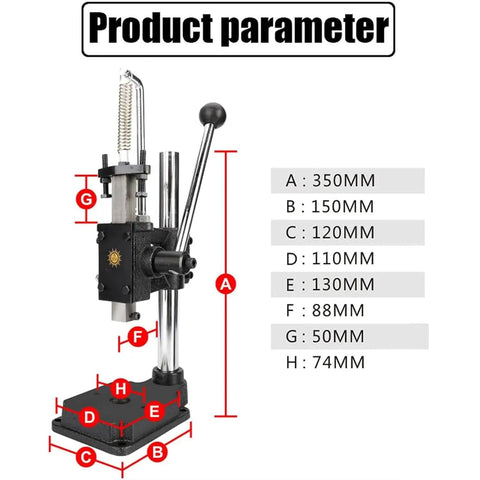 Kickass Hella Tough Industrial Grade Manual Arbor Press With Accurate Scale Plate dimensions and parameters displayed on image.