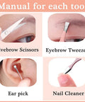 Instruction manual for tools in 7 Piece Manicure Set With Stainless Steel Tools In Rose Gold Case, including tweezers and scissors.