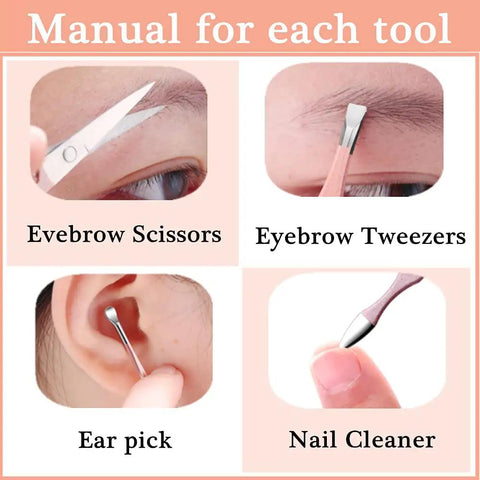 Instruction manual for tools in 7 Piece Manicure Set With Stainless Steel Tools In Rose Gold Case, including tweezers and scissors.