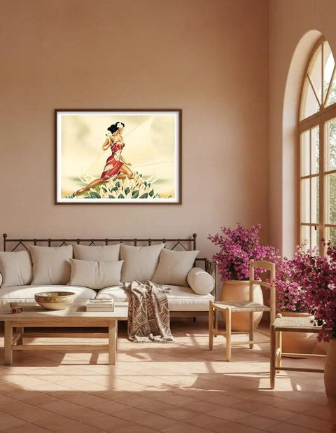 Wahine In Red Outrigger Canoe Vintage Hawaiian Airbrush Art Print From The 1930s Master Level Unframed on living room wall