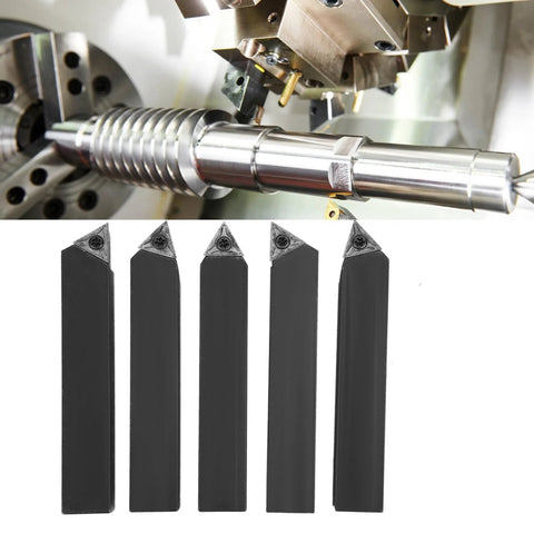 Five-piece carbide turning tool set with indexable inserts on 3/4 in shanks; includes 60°, 75°, and 90° blades