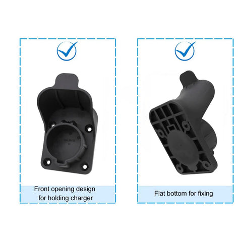 Heavy Duty Ev Charger Dock With Sae J1772 Type One Connector Mount Bracket shown from front and back with design details.