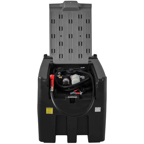 Road Ready Portable Diesel Transfer Tank 116 Gallon Capacity With 12V Electric Pump, 10 GPM Flow, open lid with hose inside