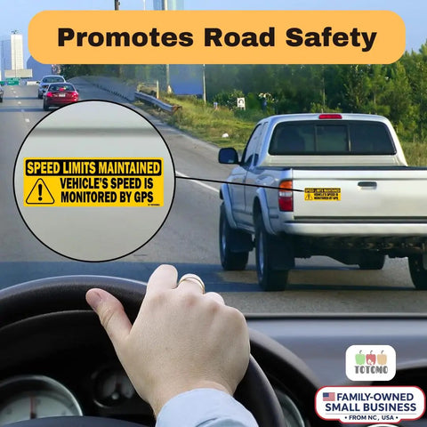 Two Pack Reflective Vehicle Speed Monitored by GPS Safety Stickers 10x3.5 Inches on truck rear bumper under Promotes Road Safety sign