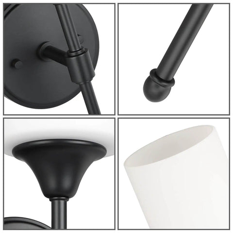 Close-up of hardwired satin brass wall sconce components, cylinder glass, durable hardware, and white glass for bathroom vanity.