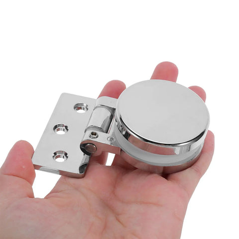 Heavy Duty Glass Door Hinges For 3 To 6mm Tempered Glass Concealed Zinc Alloy Finish Frameless Shower Door Hardware For Home And Commercial Use Durable Design With Smooth Operation And Corrosion Resistant Build, chrome hinge held in hand