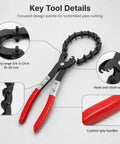 Exhaust Pipe Cutter For Three Quarters To Three And A Quarter Inch Tubing, One-Handed Chain Tailpipe Cutter For On-Vehicle Repairs, Heavy-Duty Cutting Tool For Mufflers, PVC And Copper Pipes In Tight Or Cramped Spaces, red grip handles and chain head