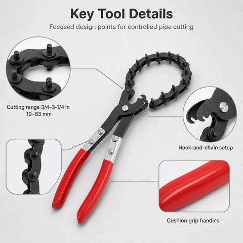 Exhaust Pipe Cutter For Three Quarters To Three And A Quarter Inch Tubing, One-Handed Chain Tailpipe Cutter For On-Vehicle Repairs, Heavy-Duty Cutting Tool For Mufflers, PVC And Copper Pipes In Tight Or Cramped Spaces, red grip handles and chain head