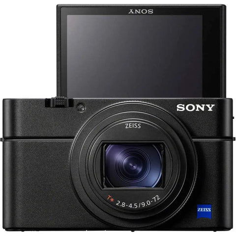 Front view of RX100 VII Premium Compact Camera Bundle With Pro Features On The Go Includes Triple Battery Pack, 64GB Card, Travel Case, Accessory Kit And Photo Video Software For Travel, Vlogging And Everyday Shooting