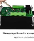 4 Piece Soldering Helping Hand Set With Magnetic PCB Holders ESD Safe Metal Tower Clamp Fixtures holding a circuit board