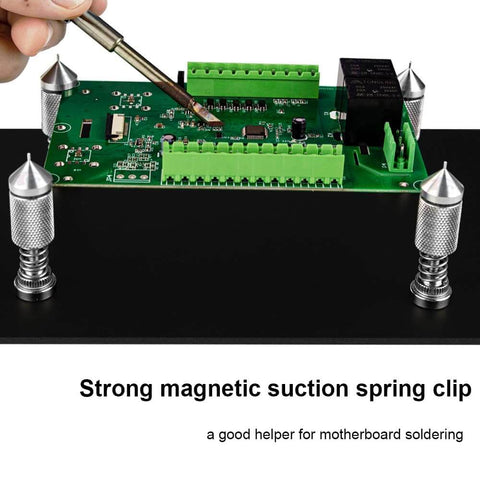 4 Piece Soldering Helping Hand Set With Magnetic PCB Holders ESD Safe Metal Tower Clamp Fixtures holding a circuit board