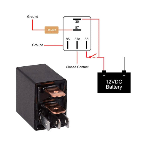 Heavy Duty 12V 30A SPDT 5 Pin Relay Kit Pack of 2 Multi Purpose Relays with diagram for automotive electrical projects.