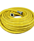 Heavy Duty Yellow Rubber Air Hose For Jackhammers 3/4 Inch By 50 Feet 300 Psi Chicago Style Couplers coiled on a surface.