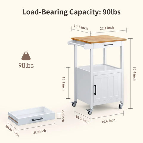 Slick Rolling Microwave Cart With Boss Level Storage Built Onto A Rock Solid Rubberwood Base, Crisp White Kitchen Island Station dimensions and features.