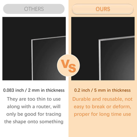 Comparison of template thickness: others at 0.083 inch, ours at 0.2 inch; part of the Eight Piece Router Templates Set For Woodworking And Charcuterie Boards, Six Charcuterie Board Templates, Two Tray Templates, And Three Pens For Angled And Curvy Tracing Guides To Make Precise Cutting Board Projects Easy For DIYers.