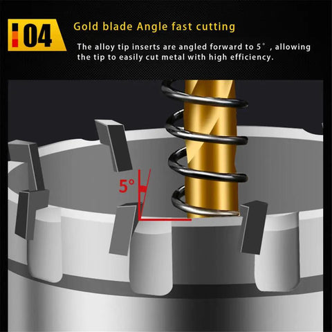 Close-up of carbide tip TCT drill bit set 50 to 61mm hole saw cutter for stainless steel and metal alloys with ejector spring and safety ring