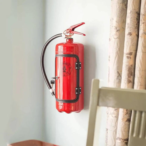 Dope Fire Extinguisher Mini Bar That Truly Hits Different Total Flex For Your Ride Or Space Lockable Bottle Stash, red finish on wall.
