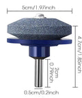Close-up of Blue Five Pack Lawn Mower Blade Sharpener For Any Power Drill With Corundum Stones showing dimensions