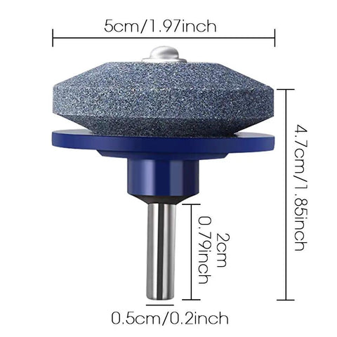 Close-up of Blue Five Pack Lawn Mower Blade Sharpener For Any Power Drill With Corundum Stones showing dimensions