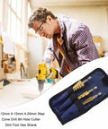Man using drill with Pro Grade High Speed Steel Titanium Step Drill Bit Set with Quick Change Quarter Inch Hex Shank, 3-piece.