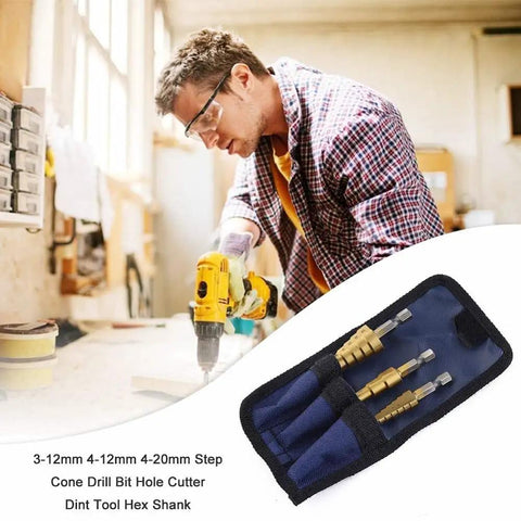 Man using drill with Pro Grade High Speed Steel Titanium Step Drill Bit Set with Quick Change Quarter Inch Hex Shank, 3-piece.