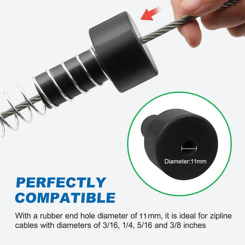 Extra Long Zipline Spring Brake For Backyard Kits, Beefed Up Heavy Duty 304 Stainless Steel Stopper close-up with cable compatibility