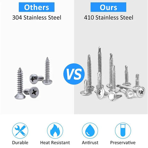 Comparison of 304 stainless steel screws with 410 stainless steel self drilling screws kit for metal and wood by CGBOOM.