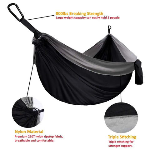 Ultra Comfortable Extra Large Double Camping Hammock With Tree Straps For Outdoor And Indoor Use Portable Gear For Two Supports Up To 500 Lbs 125 In By 79 In Hammock Bed Black And Gray, highlighting nylon material and triple stitching.