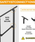 Safety warning for Built Like A Brick Carbon Steel Handrail For Outdoor Steps, highlighting risks like rust and sharp edges.