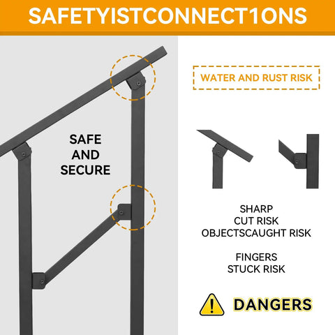 Safety warning for Built Like A Brick Carbon Steel Handrail For Outdoor Steps, highlighting risks like rust and sharp edges.