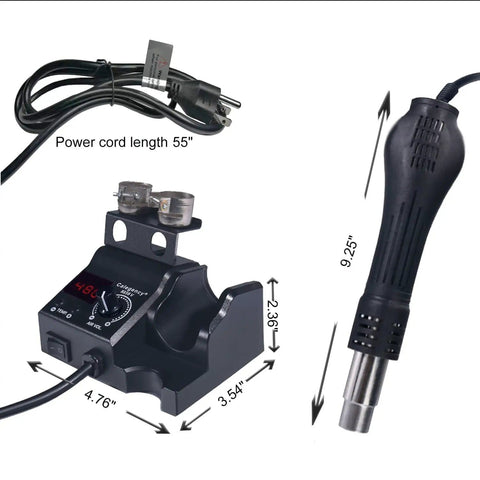 High Performance Hot Air Rework Station With Adjustable Airflow And Digital Soldering 100-480 C Heat Range shown with dimensions