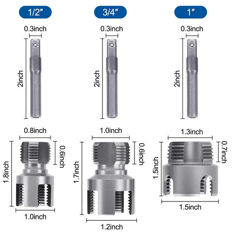 Dual Function PVC Pipe Threader Kit For Internal And External Threading In One Half Inch Three Quarter Inch And One Inch Pipes Go To Tool For Quick Plumbing Repairs And DIY Projects showing tools and dimensions
