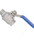 Rock Solid Heavy Duty 1/2 Inch NPT Ball Valve Made From Top Tier 304 Stainless Steel featuring a blue quarter turn handle.