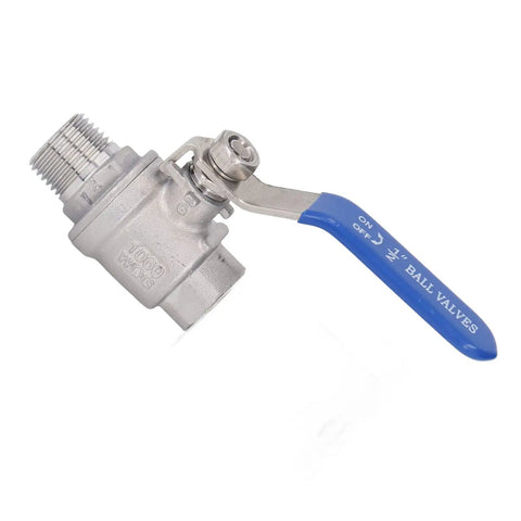 Rock Solid Heavy Duty 1/2 Inch NPT Ball Valve Made From Top Tier 304 Stainless Steel featuring a blue quarter turn handle.