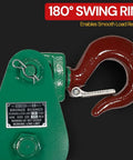Heavy Duty Snatch Block With Hook For Rollback Recovery 8 Ton Working Load Limit 6 Inch Sheave Three Quarter Inch Wire Rope Pulley close-up