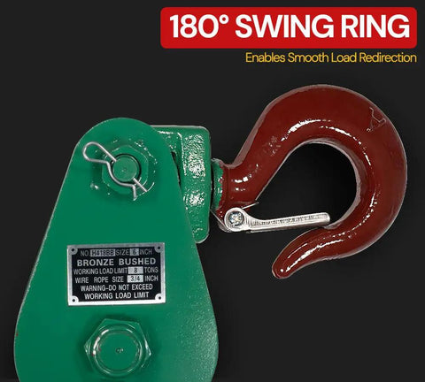 Heavy Duty Snatch Block With Hook For Rollback Recovery 8 Ton Working Load Limit 6 Inch Sheave Three Quarter Inch Wire Rope Pulley close-up