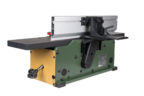 Six Inch Spiral Cutterhead Benchtop Jointer Loaded With Teflon Coated Aluminum Tables And 12 Durable Carbide Inserts Driven By A 10 Amp Motor side view