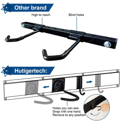 Comparison of Beefy Garage Wall Mount Bike Storage Rack with adjustable hooks and concealed hardware installation illustration.