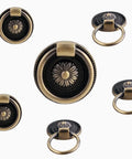 Six Piece Antique Brass Drawer Ring Pull Handles Set For Cabinets Dressers Cupboards And Doors with retro floral design.