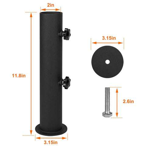 Ultra Sturdy Heavy Duty Granite Umbrella Stand For Outdoor Tables And DIY Projects Adjustable Post Clamp Fits One Point Three To Two Inches Stone Base Holder For Cement And Granite Boards, showing post clamp dimensions and components