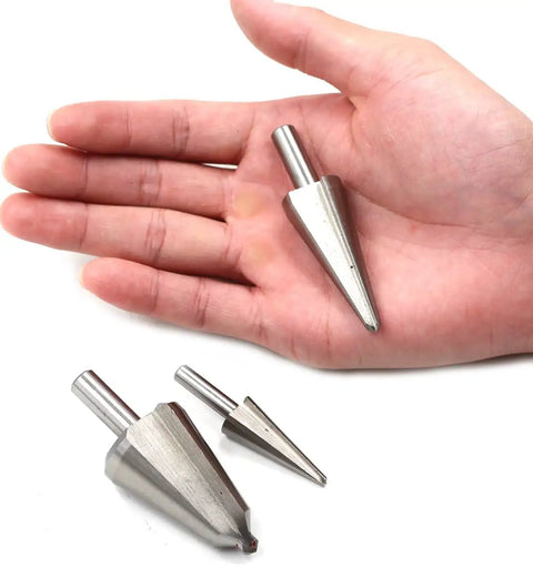 Umbrella Drill Bit Set 3Pc HSS 4241 Taper Power Drill Bits for Step Drilling and Cone Chamfer Cutting held in hand
