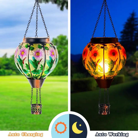 Hummingbird Hot Air Balloon Solar Lantern Outdoor Hanging Light With Flickering Flame Metal And Glass Waterproof Lanterns